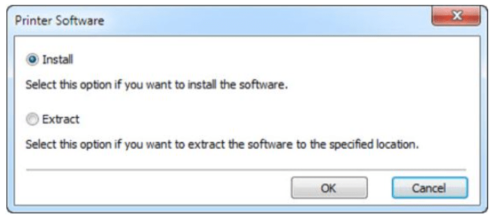 An example of the Install or Extract option for printer software