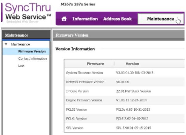 Printer firmware version is displayed on the Maintenance tab